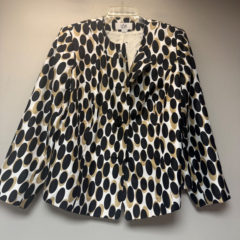 Le Suit Blazer Woman 14W Black Gold Oval Print Excellent Collarless Jacket